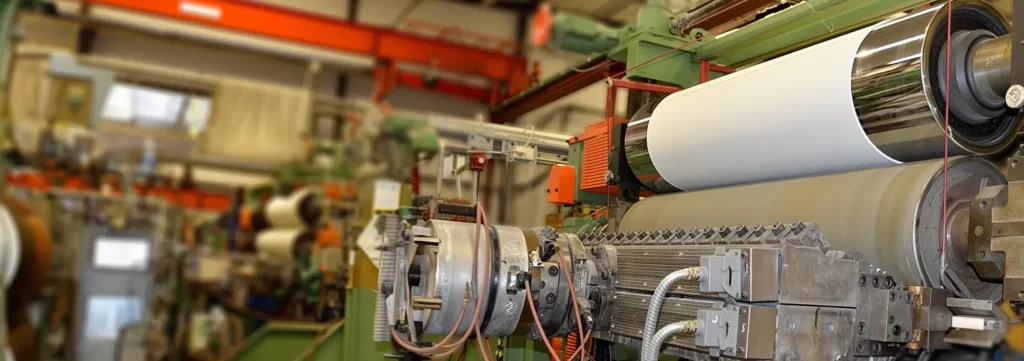 Industriell maskin med en större plastrulle.