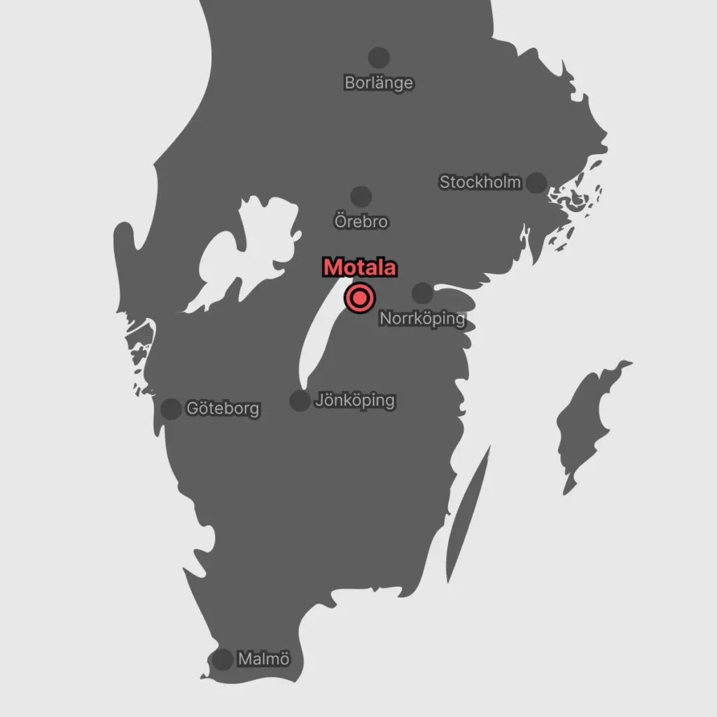 Sverigekarta med Motala centrerad i bilden.